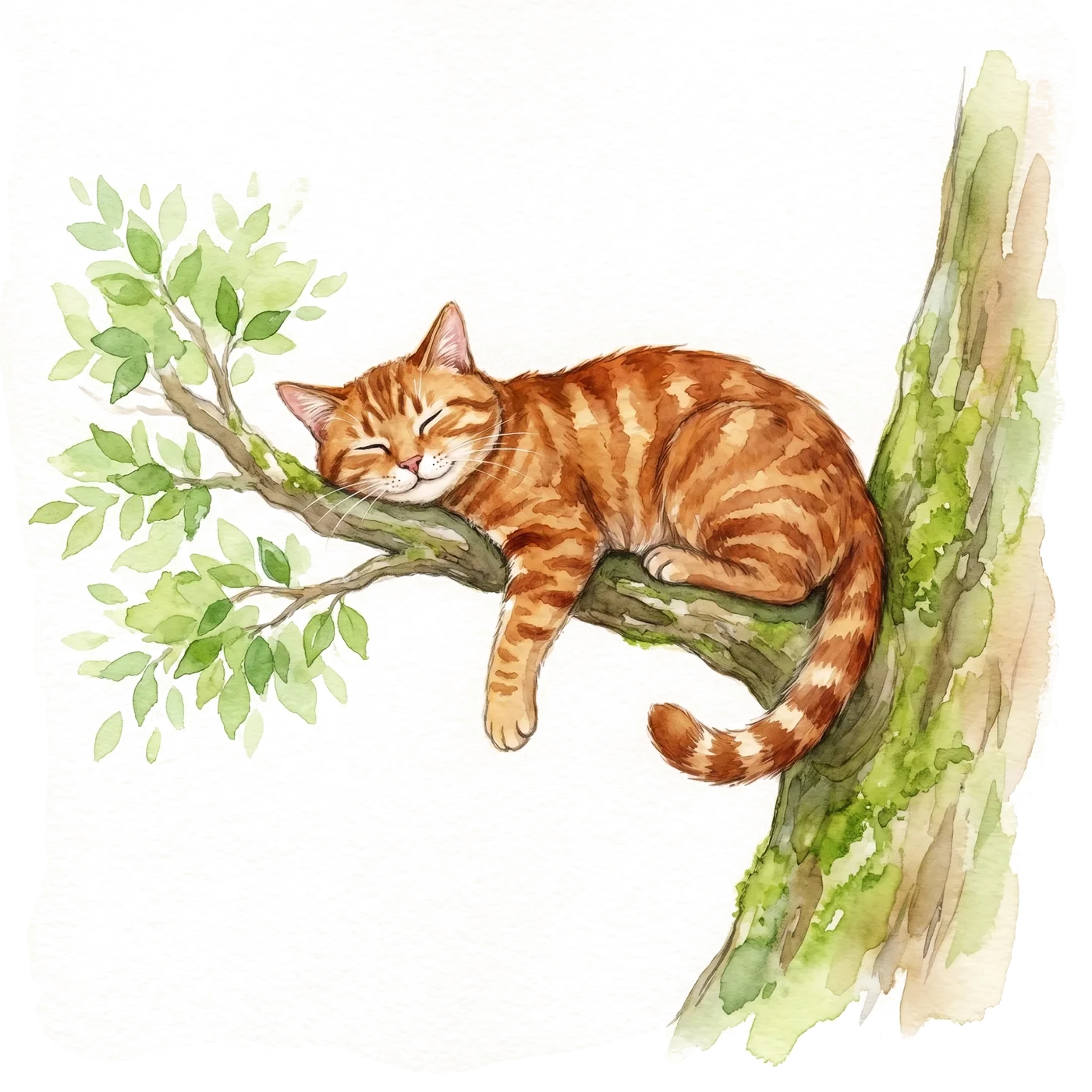 Watercolor cat resting in a tree, its branch reaching toward a world of imagination