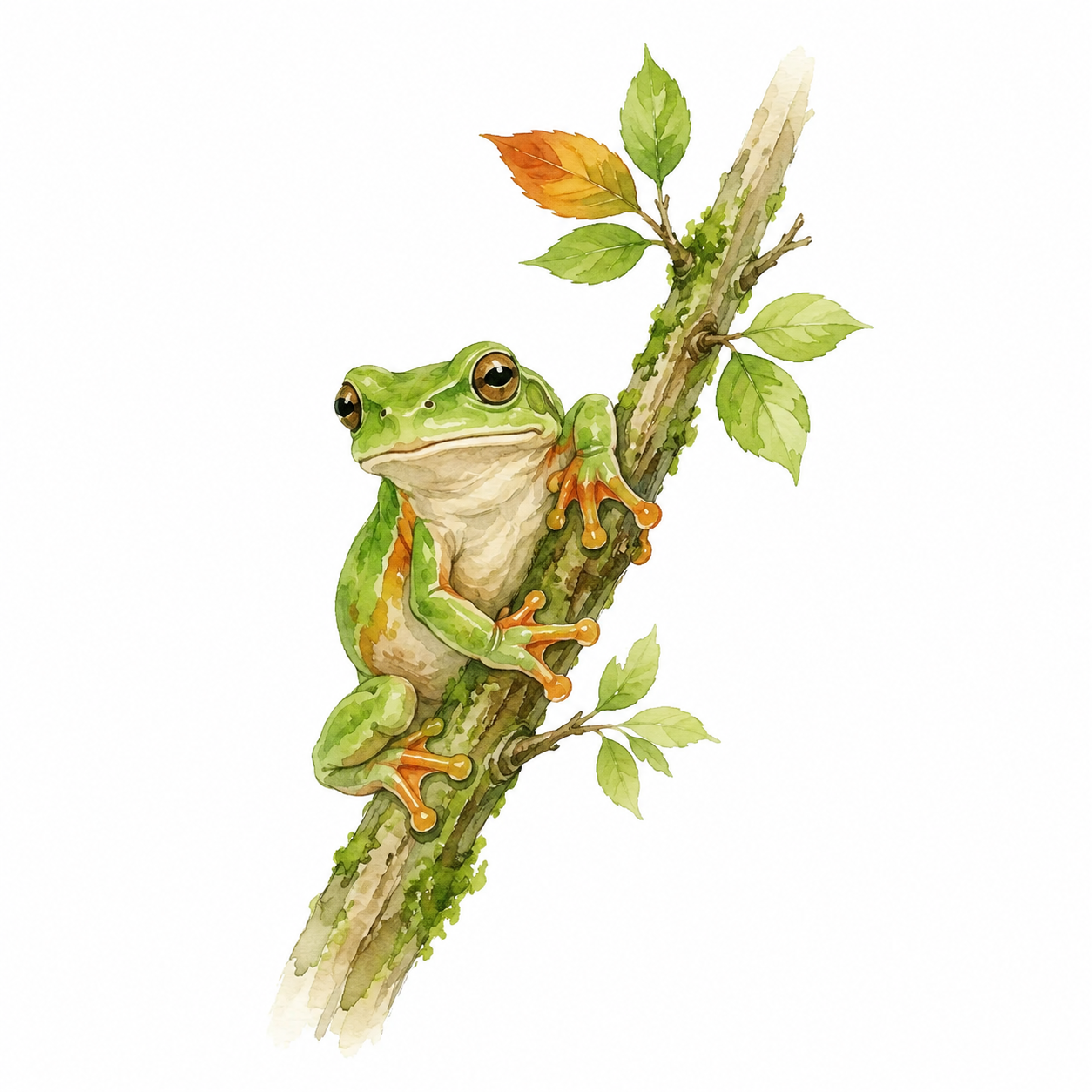 A green and orange watercolor frog climbing a leafy branch