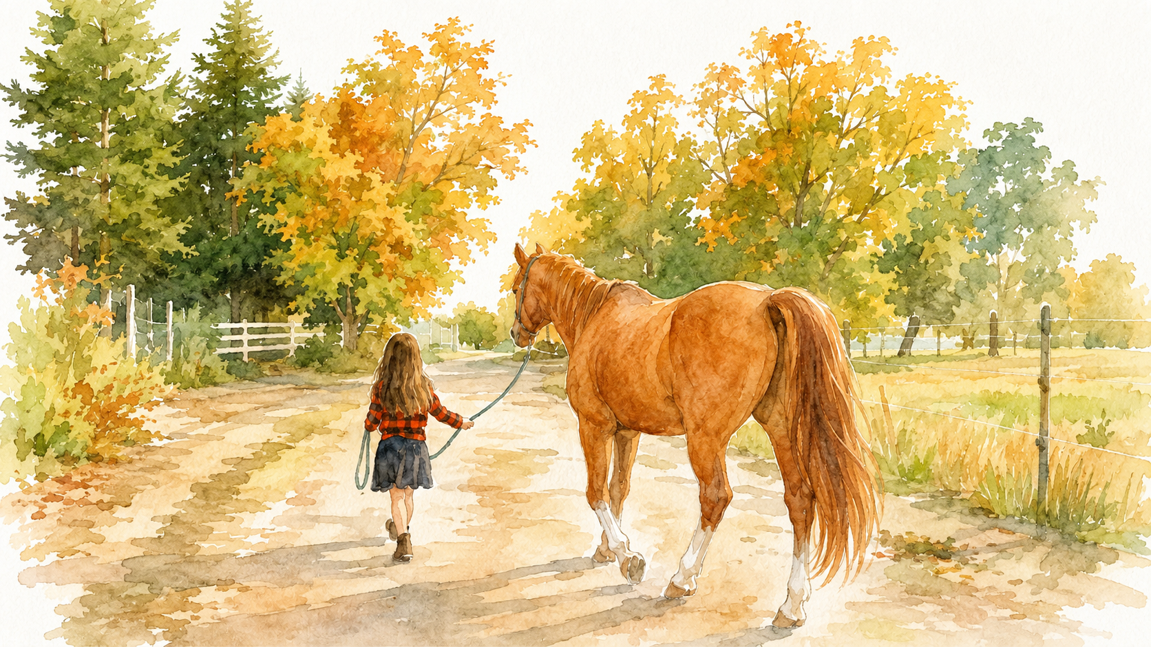 Watercolor painting of a girl walking beside a horse along a quiet country path