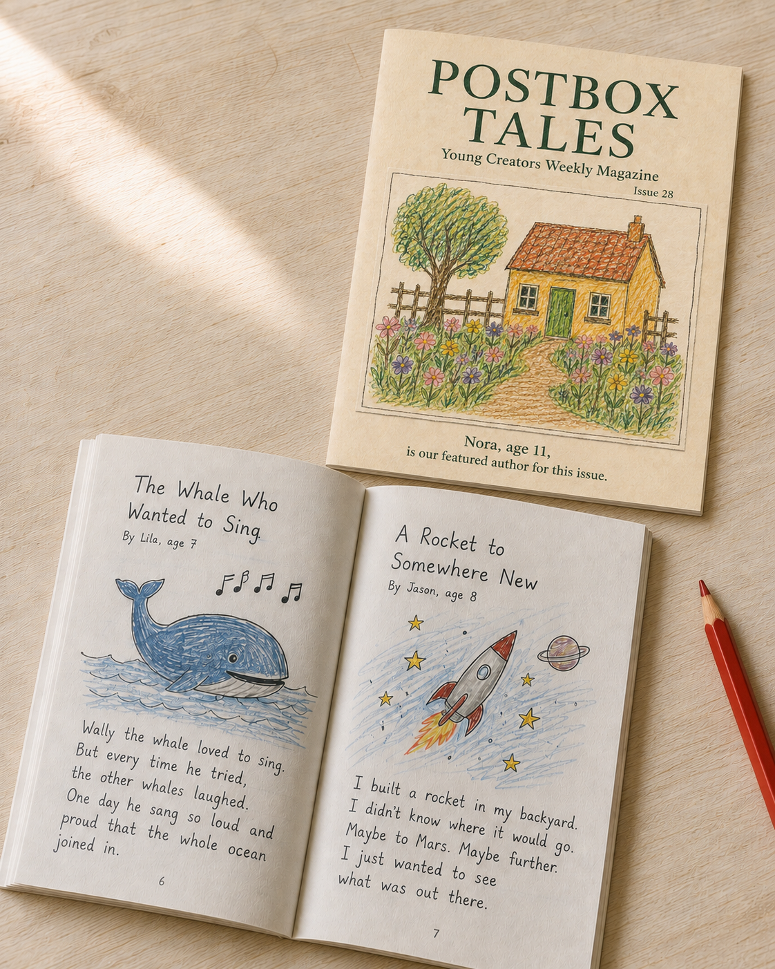 Illustrative Postbox Tales magazine with a hand-drawn whale and rocket on an open spread