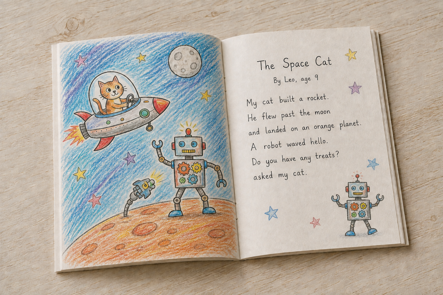 Illustrative open magazine showing a space cat, a friendly robot and a handwritten story