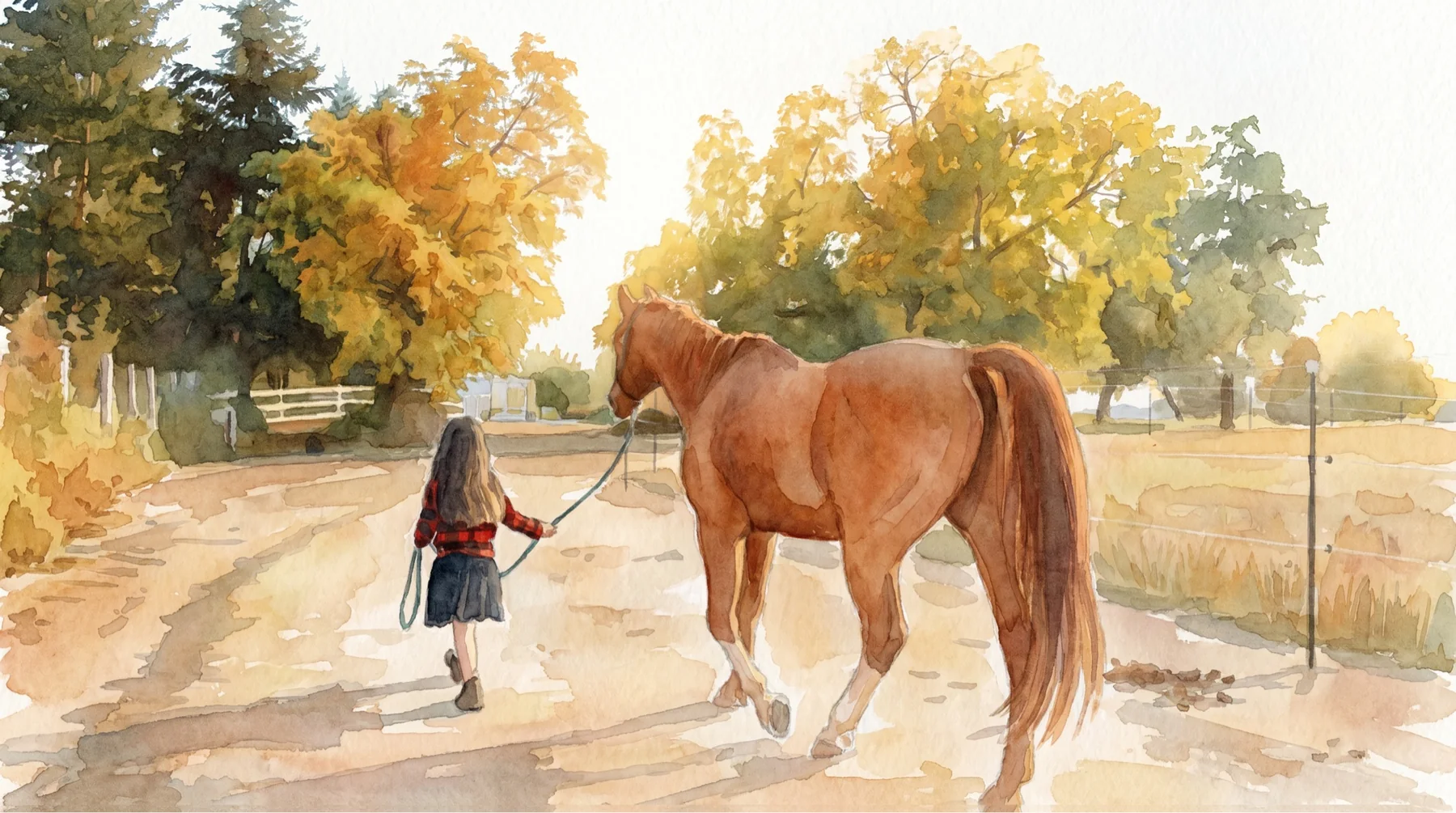 A watercolor illustration of a child walking beside a horse on a countryside path